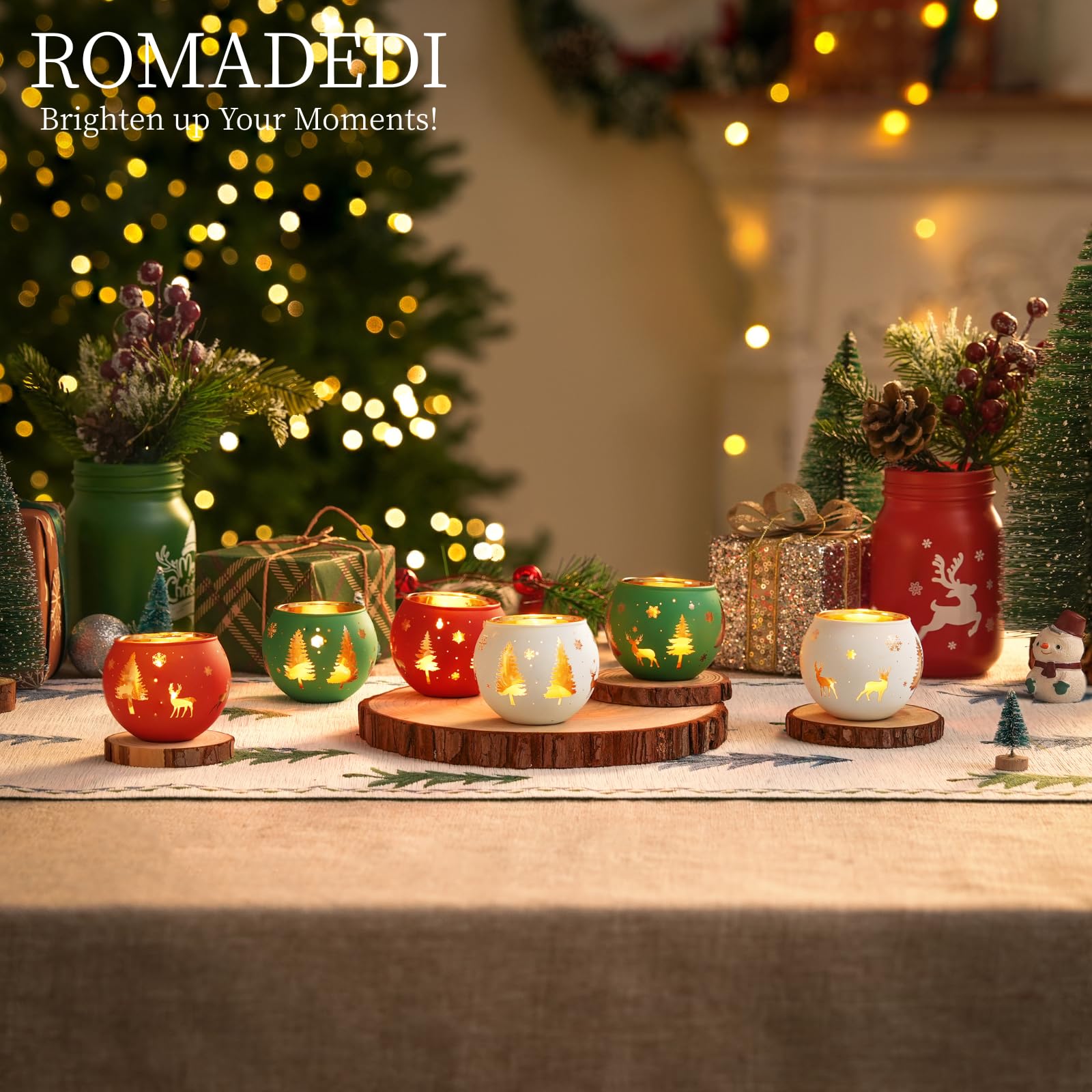 Romadedi Juego de 6 portavelas votivos para decoración de Navidad, portavelas de cristal, luz de té, café, mesa de cena, centro de mesa, decoración de Navidad, hogar, fiesta, vacaciones
