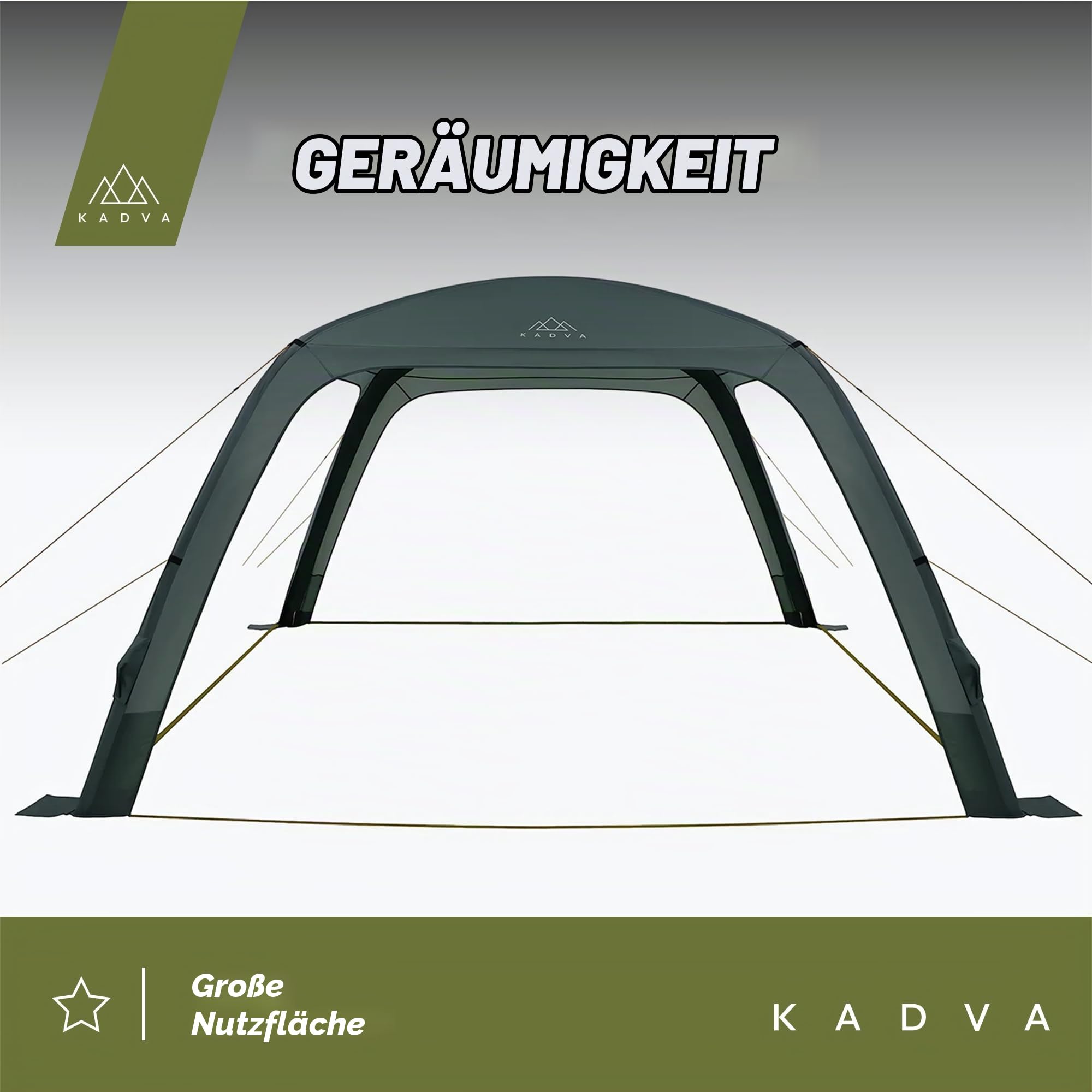 KADVA AIRcamp Base Zelt Überdachung Wasserdichtigkeit 1000 mm Geklebte Nähte Tunnelkonstruktion 3 aufblasbare Bögen Maße 350x350x210 cm Inklusive Pumpe UPF 50+ Haken Farbe Grün