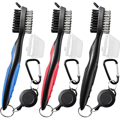 3 Pack Golf Club Brush and Club Groove Cleaner with Retractable Zip-line and Aluminum Carabiner Cleaning Tools , Golf Accessories, Golf Gifts for Men , Golf Ball Cleaner, Easily Attaches to Golf Bag