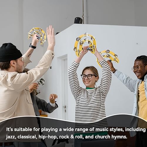 Miniatura 7 de EastRock Pandereta de doble fila, percusión de mano con jingles de metal, pandereta de media luna para adultos, KTV, fiesta dorada