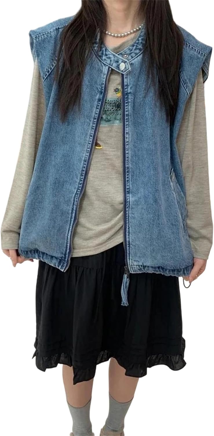 Women’S Zipper Drawstring Denim Vest Casual Shoulder Coat Round Neck Jacket Cotton Loose Fit Summer Country Outfits