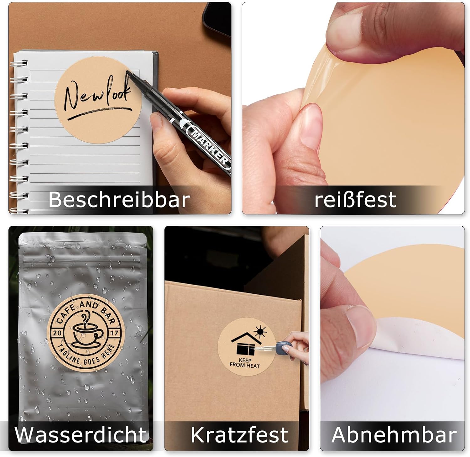 Khaki Round Thermal Labels Vinyl 3 Inch & 1.5 Inch Bundled