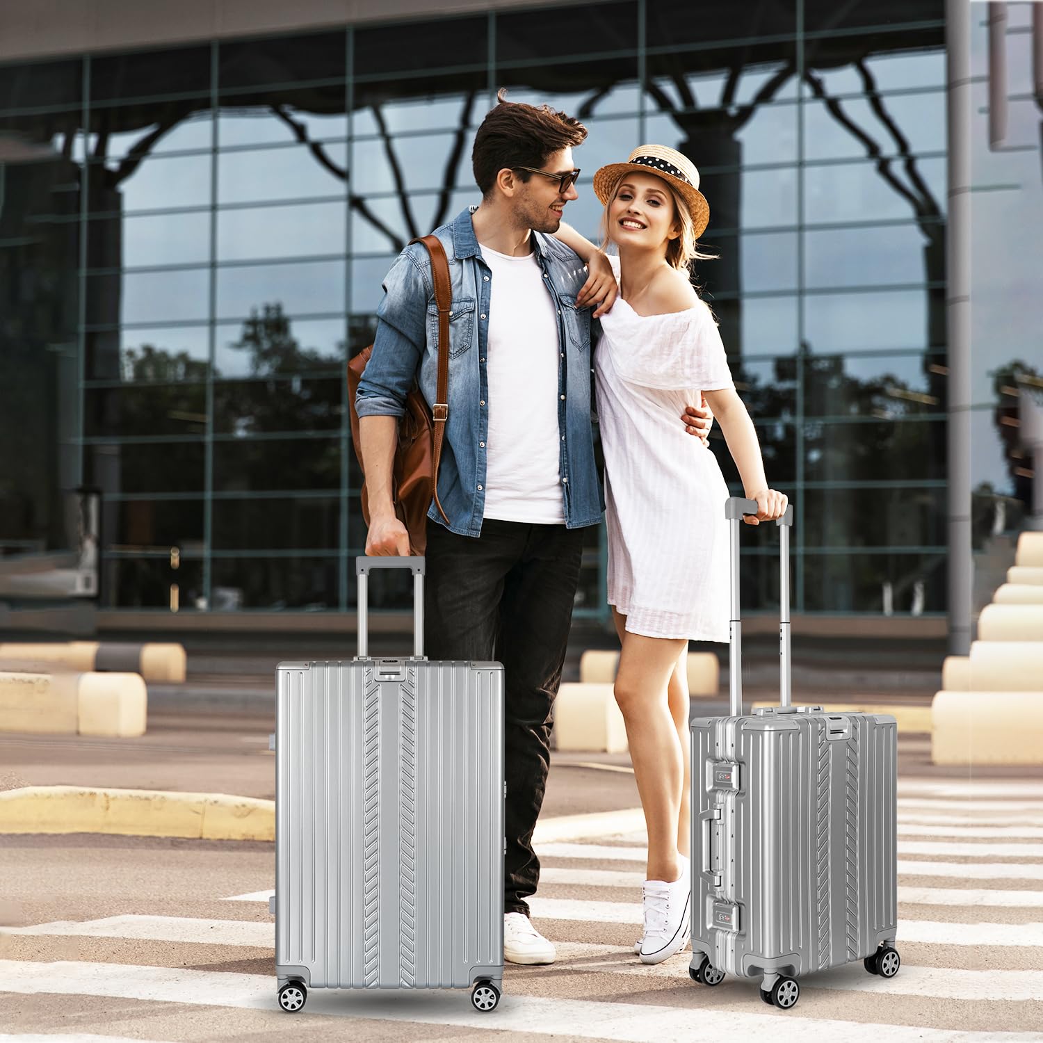 WINLIFE walizka podróżna z twardą powłoką M-53cm, L-65cm, XL-75 cm | Duża walizka ABS na kółkach w kolorze srebrnym | zamek szyfrowy TSA | 4X podwójne kółka 360° | uchwyt teleskopowy | zintegrowany