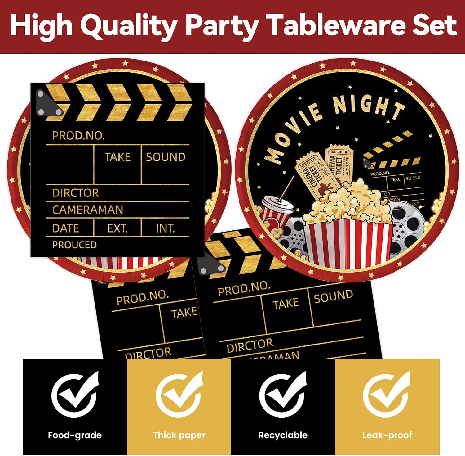 50Pcs Movie Night Plates and Napkins Party Supplies, Disposable Movie Theme Birthday Paper Plates Napkins Tableware Set for Film Action Lights Camera Popcorn Birthday Party Decorations (Movie Night) image 3