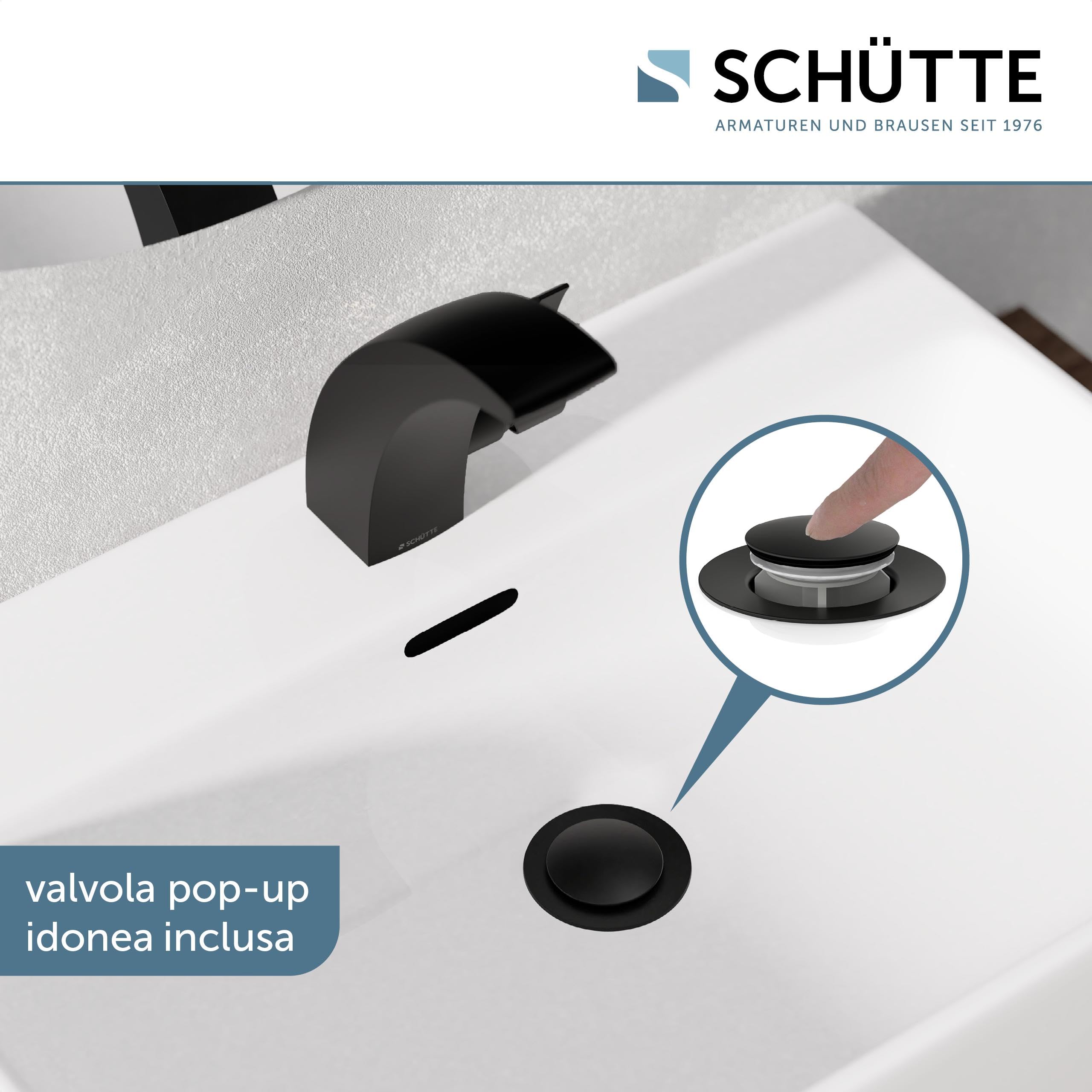 SCHÜTTE 98106 PANAMA - Rubinetto da bagno moderno per lavabo, elegante miscelatore monocomando, con tappo di scarico pop-up, nero