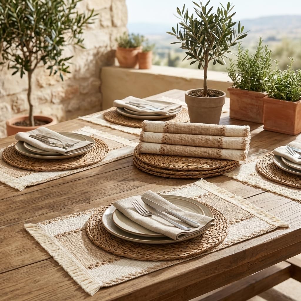 Manteles Individuales y Salvamanteles, Set de 12 Piezas, 6 Manteles Individuales 50 x 29 cm + 6 Salvamanteles Redondos 30 cm de Diámetro, Fibra Natural para Mesa de Comedor, Terraza y Jardín
