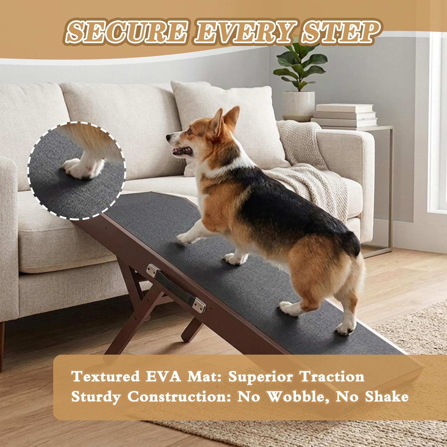 Dog Ramp for Couch,Birchwood Dog Bed Ramp for Small Dogs, 4-Level Adjustable (8.6"-20.9") Foldable Pet Ramp, Wide Non-Slip EVA Surface with Glow Strips, Solid Birchwood 200Lbs