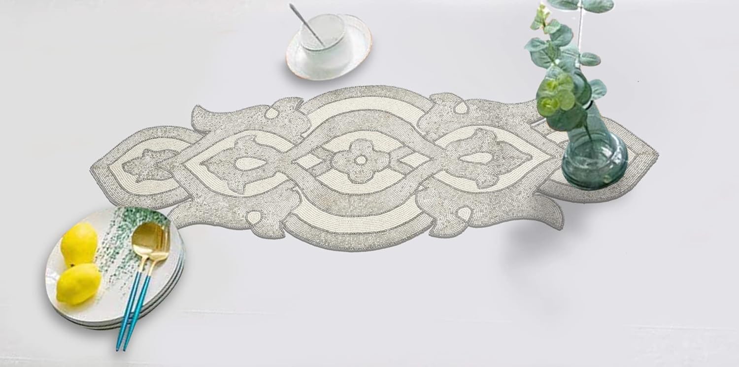 Lightnpro Beaded Table Runner Elegant Infinity Design - Handmade Glitz Table Décor for Weddings, Parties, Holidays, Gifting & Everyday Use - Decorative Centerpiece Accent - 13x36 Inch - Silver Ivory