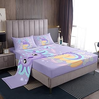 Erosebridal Axolotl Bedding Set Queen for Girls Kawaii Room Decor,Kids Cute Animal Bed Sheets Kawaii Purple Axolotl Bed Sheet Set Wildlife Aquatic Plants Fitted Sheet + Flat Sheet + 2 Pillow Cases