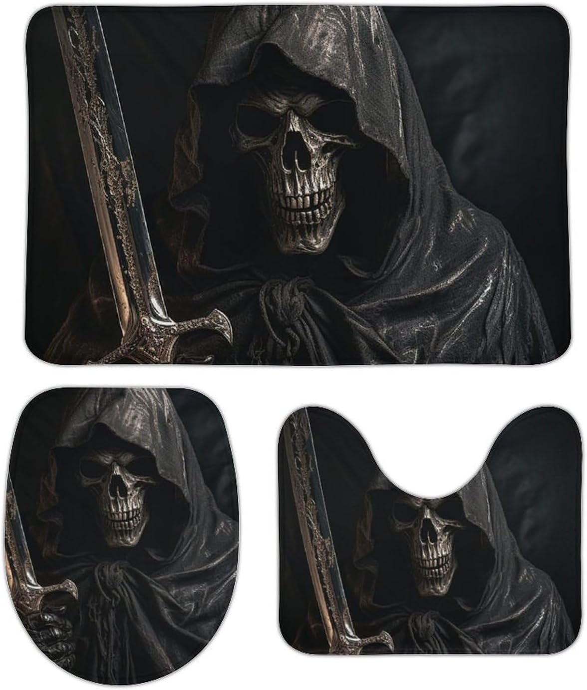 Anti-Skid Floor Mats 3 Piece Set,Skeleton in Robe Printed Coral Fleece Bathroom Mats U-Shaped Contour Mat Toilet Seat Cover for Bathroom, Tub, Shower, Kitchen 19.7"x31.5"