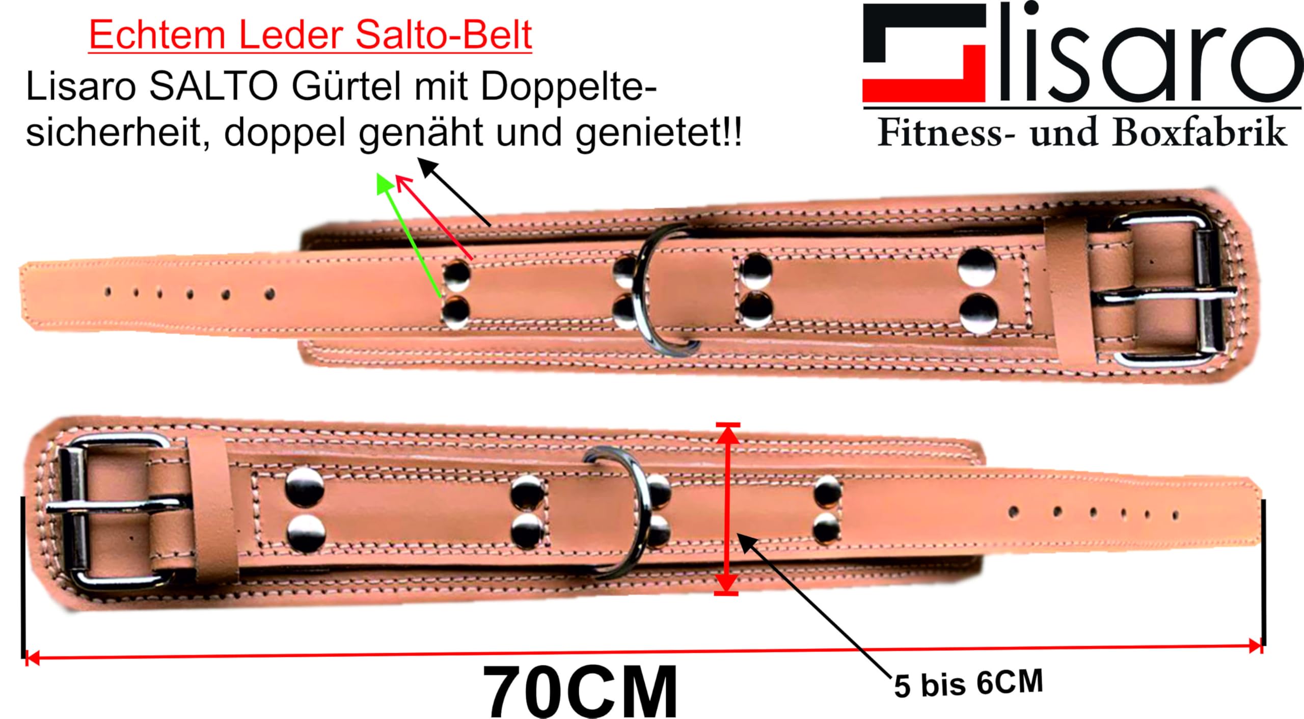 Lisaro Saltogürtel aus Leder, Saltogürtel, Sicherheitsgürtel, Ca.5-cm bereit, doppel genäht und genietet, Saltogürtel mit Haken, Powerwirbel.