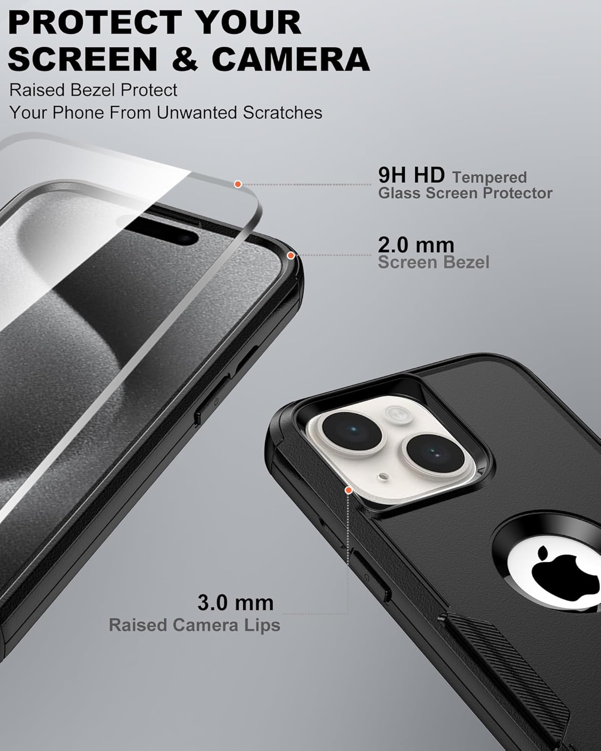 for iPhone 15 Case with Belt Clip : Heavy Duty Military Grade Drop Protective Case with Belt Clip [2X Screen Protectors ] for iPhone 15 6.1", Black