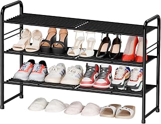 Heavy Duty Metal Shoe Rack Stainless Steel Shoe Organizer Shelf, Black | 3 Tier 33 Inch Wide Wired Grid Storage for Closet Entryway, Stackable, Easy Assembly