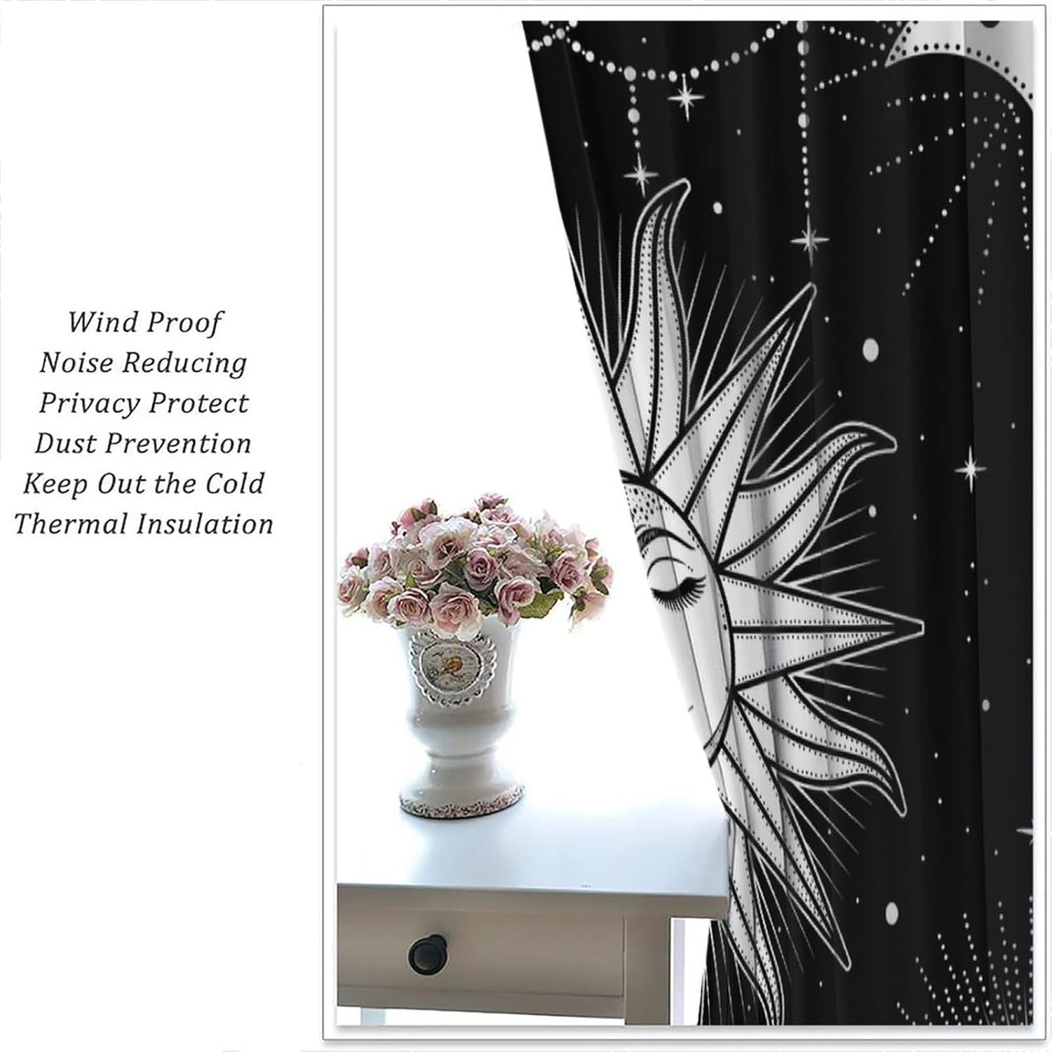 Sun Moon Blackout Curtains Abstract Aesthetics Stars Sun Moon Bohemian Tribal Exotic Black White Mystic Art Printed for Bedroom Living Room Bathroom Decor Rod Pocket Window Drape 63x63in