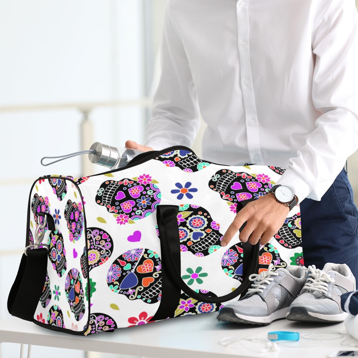 Sugar Skull Heart Flower Travel Duffel Bag for Women Men Large Capacity Overnight Weekender Bags for Lightweight Waterproof Sport Gym Bag for Workout Yoga Swim