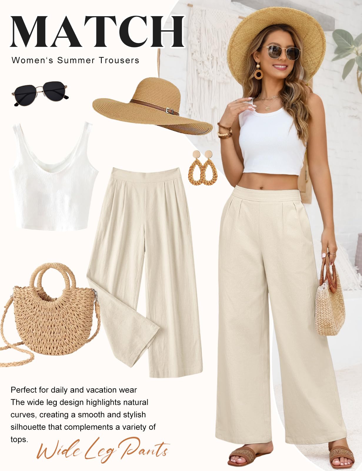 Pantalon Fluide Femme Été Coton Chic Leger Large Taille Elastique Décontractés en Tissu Confortables Plage avec Poche