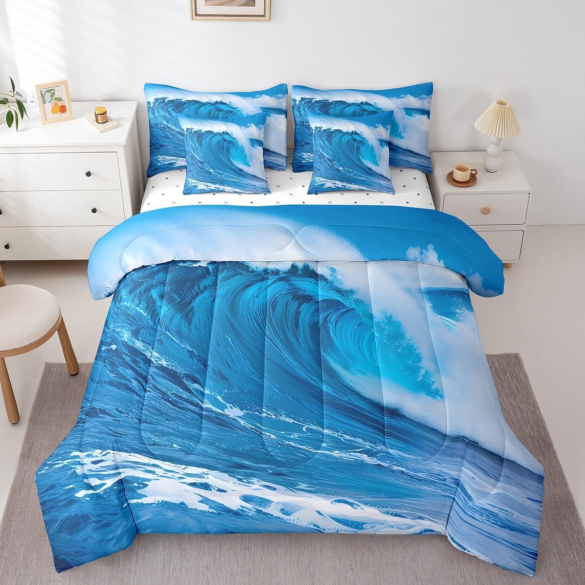 Feelyou Ocean Wave Comforter Set King Size 7 Pieces for Boys Girls Kids Blue Summer Sea Bedding Set All Season Marine Bed in a Bag with Comforter, Sheets, Pillowcases & Cushion Cover Super Soft