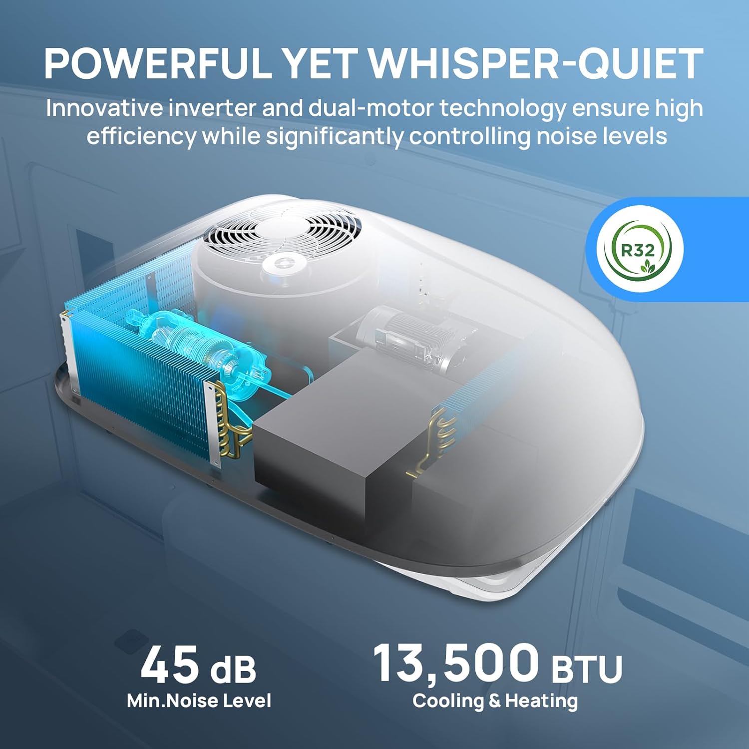 turbro inverter 13.5k btu rv air conditioner with cooling and heat pump, non-ducted low-profile rooftop unit, quiet operation, wifi & remote control, led atmosphere light, white