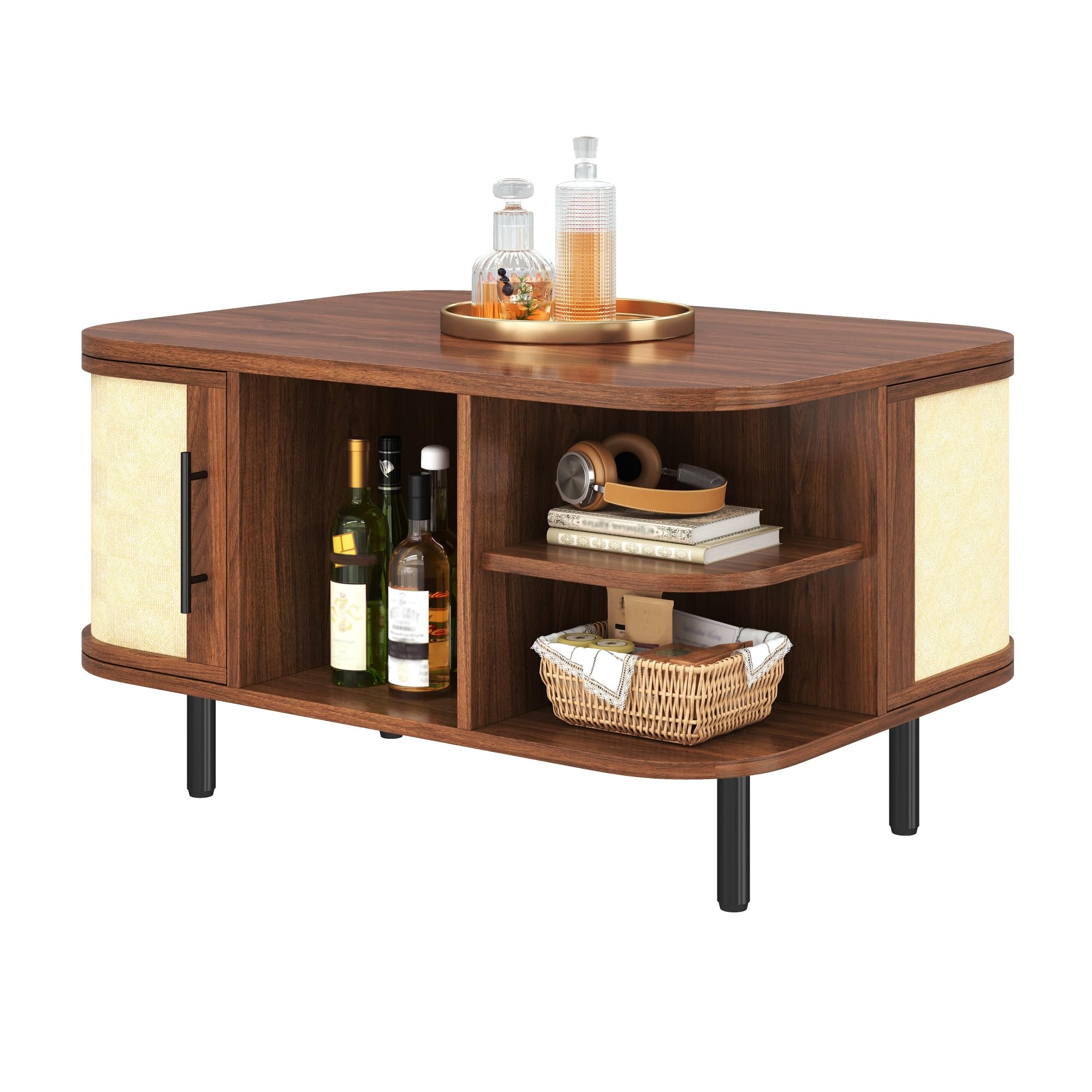 Table basse avec espace de rangement en noyer et pieds en métal pour salon