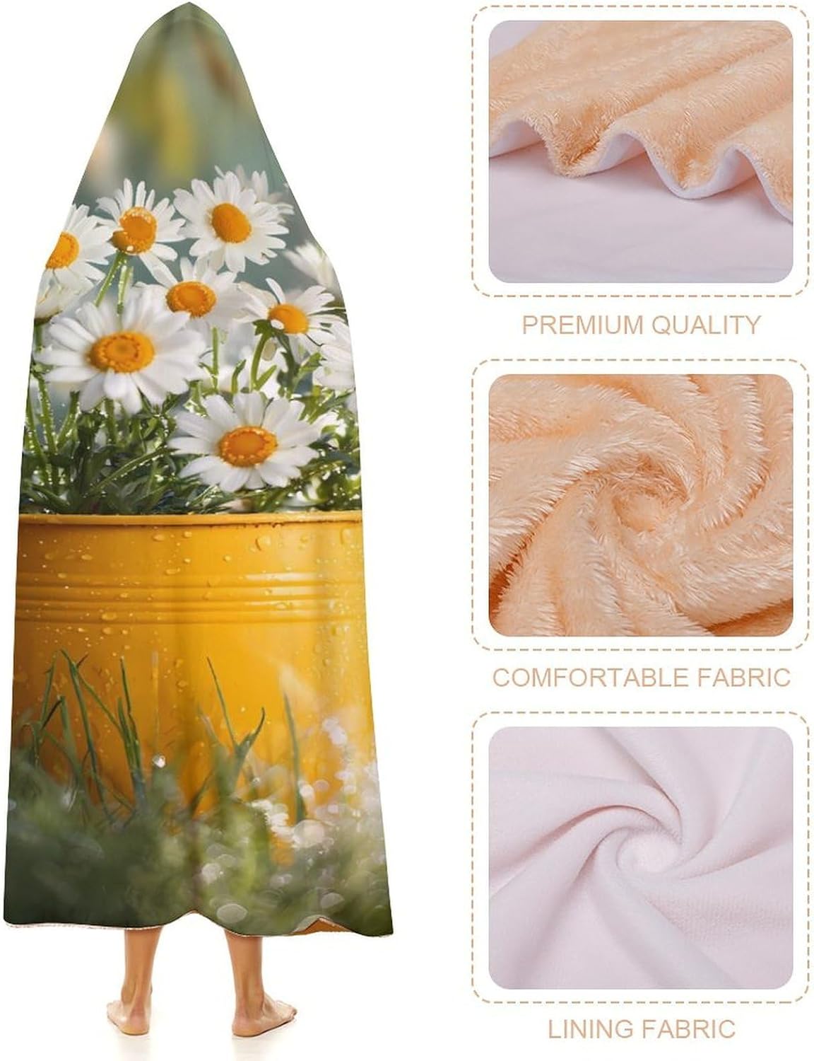 Daisies Watering Can Grass Wearable Blanket Oversized Throw Cape | Cozy Hooded Blanket Gifts for Women Men