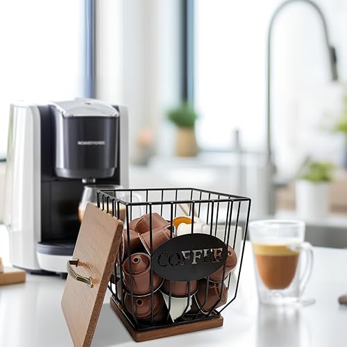 Miniatura 5 de MFBJXC Soporte cuadrado para cápsulas de café con tapa y base de madera, cesta de almacenamiento de cápsulas de café de alambre de gran capacidad