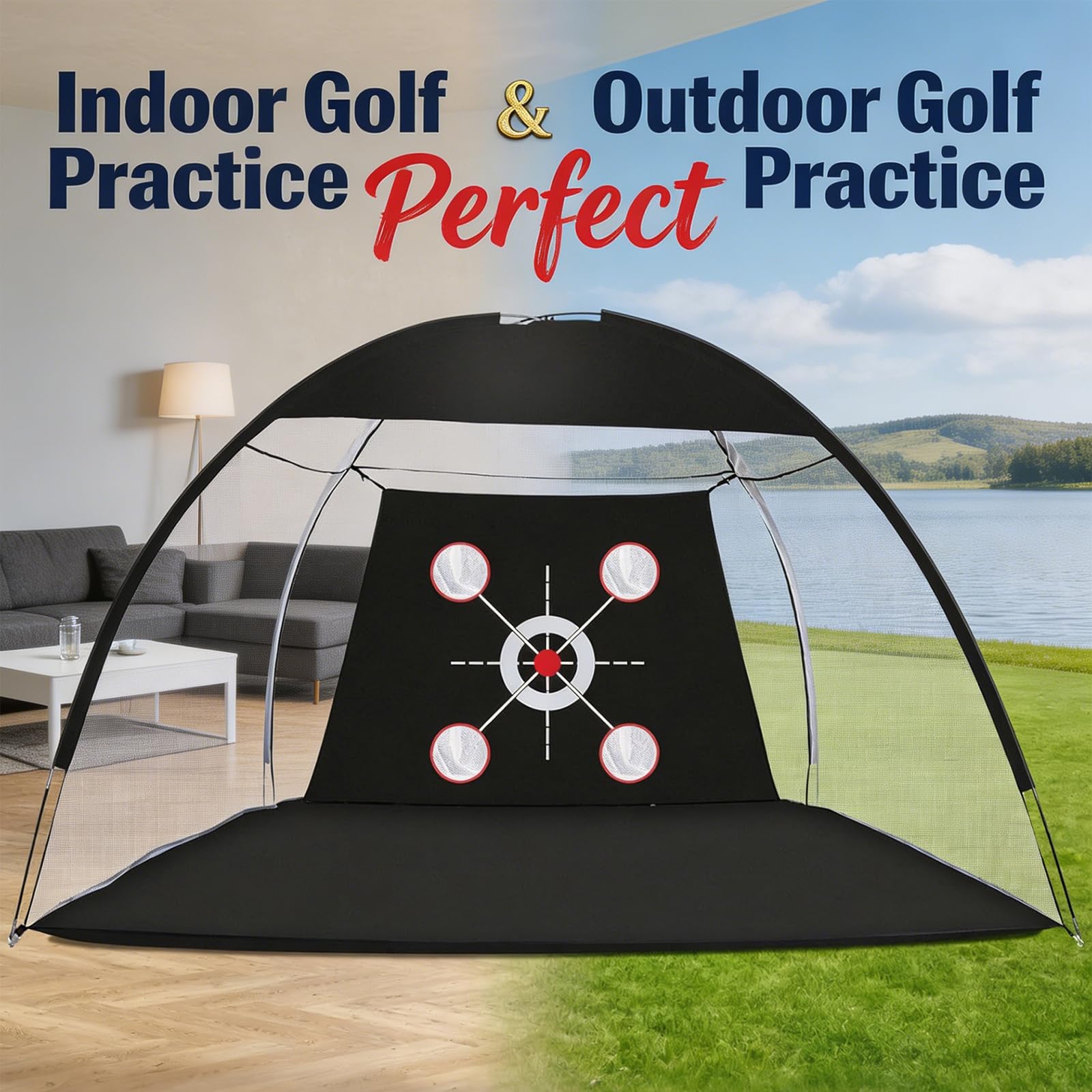 Multifunktionales Golfballnetz 300×180×240cm, Golf Trainingshilfen mit 3-Zonen Matte & 10 Bällen, Tragbar für Indoor & Outdoor, Minigolf für Zuhause,Golf Netz