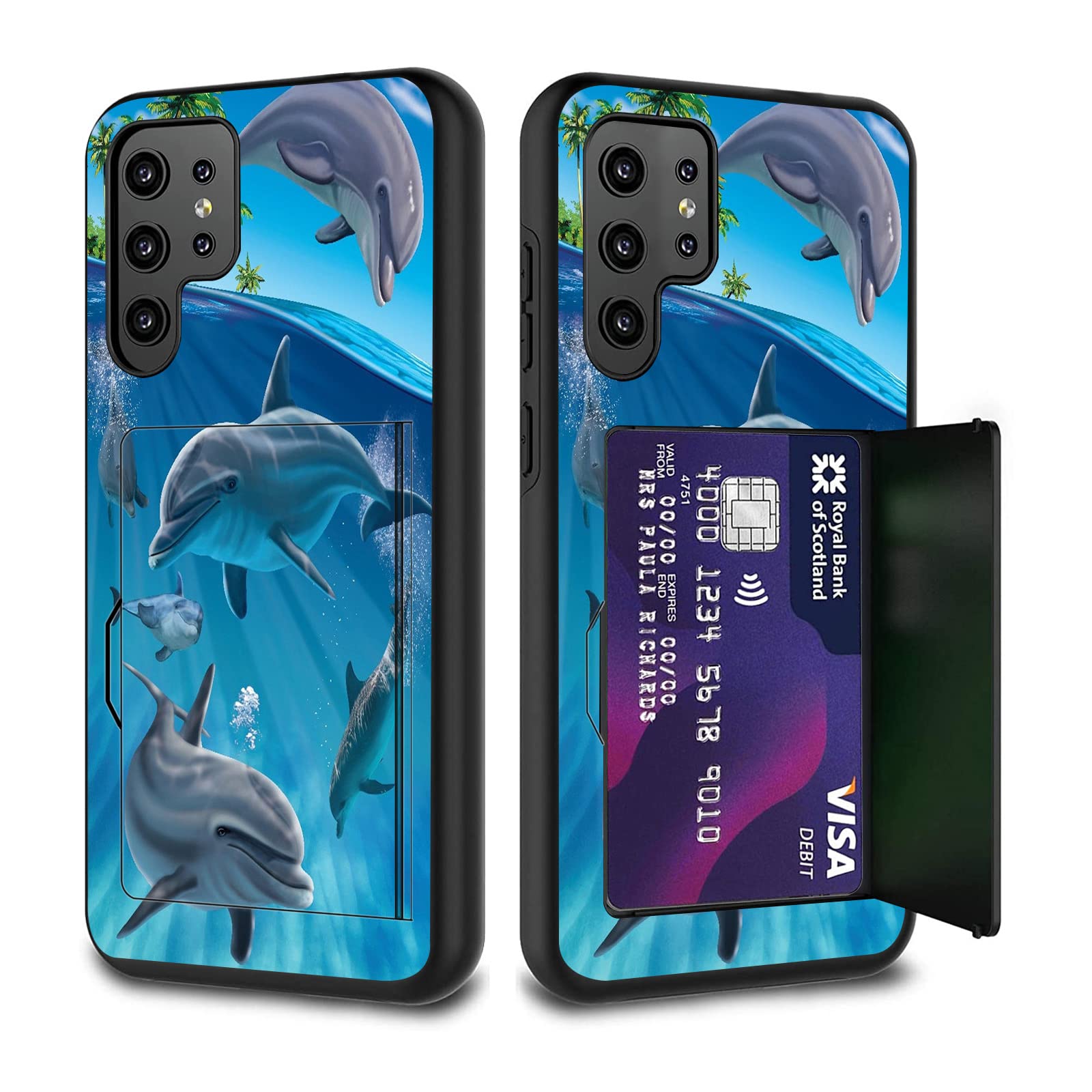 FGDRFGRW Designed for Galaxy S22 Ultra Card Holder Credit Card Wallets Case,Dual Layer Hybrid Shockproof Drop Protection with Kickstand Feature Silicone Case for Samsung Galaxy S22 Ultra,Cute Dolphin