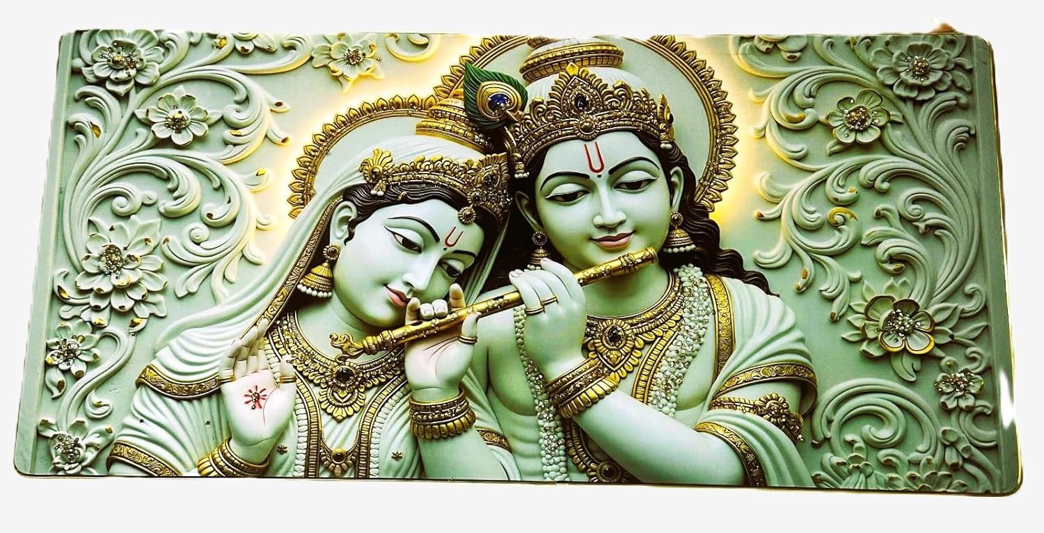 Radha Krishna 3D Wall Art Painting 20 x 40 Inch | Decorative Religious Wall Decor with Embossed Floral Design | Premium Spiritual Artwork for Living Room, Bedroom, Temple & Office-image-24