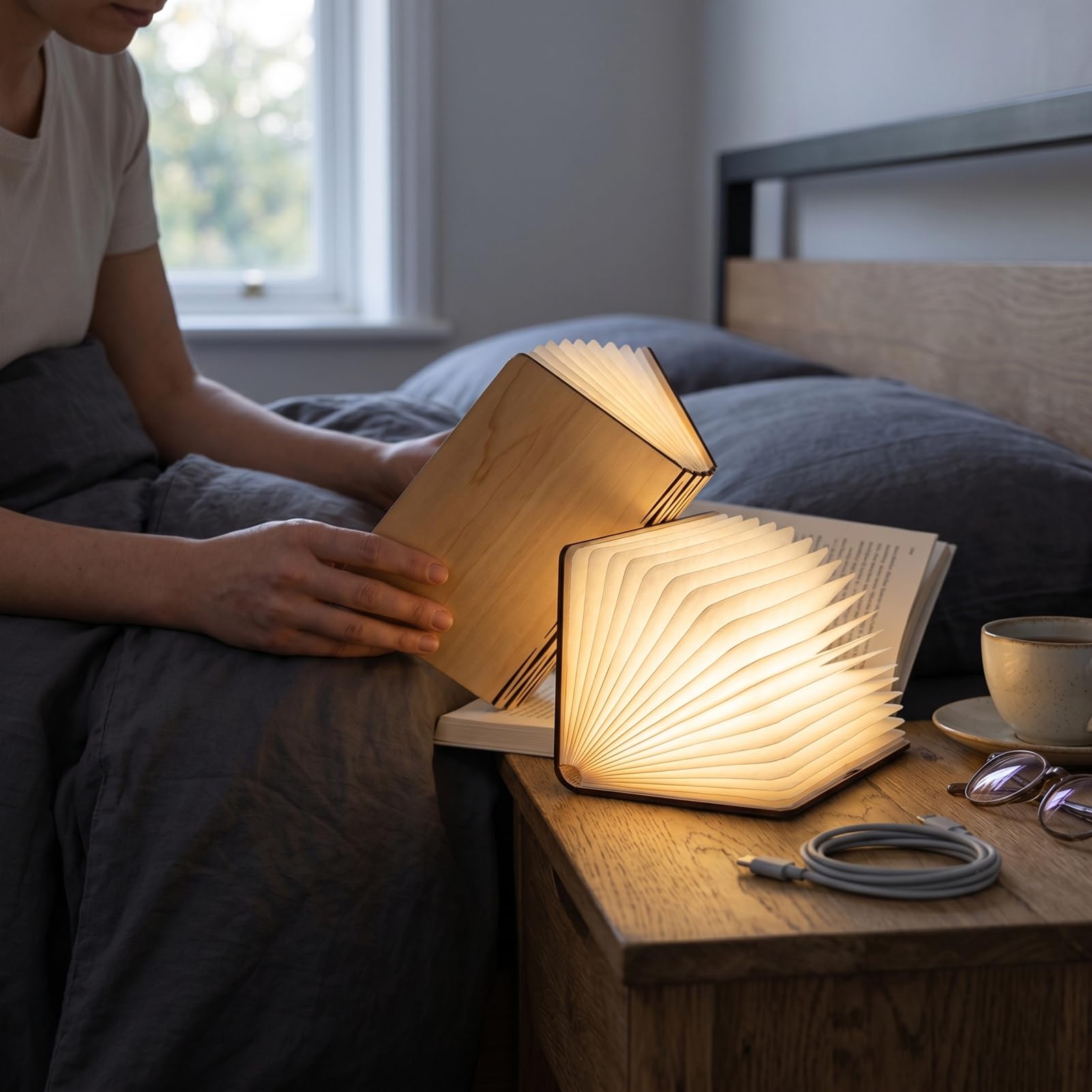 Klappbare Buchlampe aus Holz, 3000 K Bis 3500 K Warme LED | Einstellbares warmweißes Licht, Magnetverschluss, 1200 mAh, wiederaufladbarer Akku Typ C, 3,94 x 5,71 Zoll, für Frauen