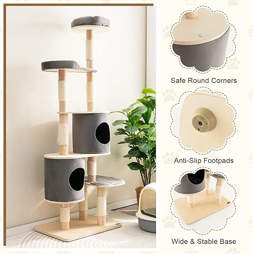 Miniatura 8 de Tangkula Árbol para gatos de 75 pulgadas de alto para gatos de interior, torre de madera maciza natural para gatos con postes rascadores de sisal,