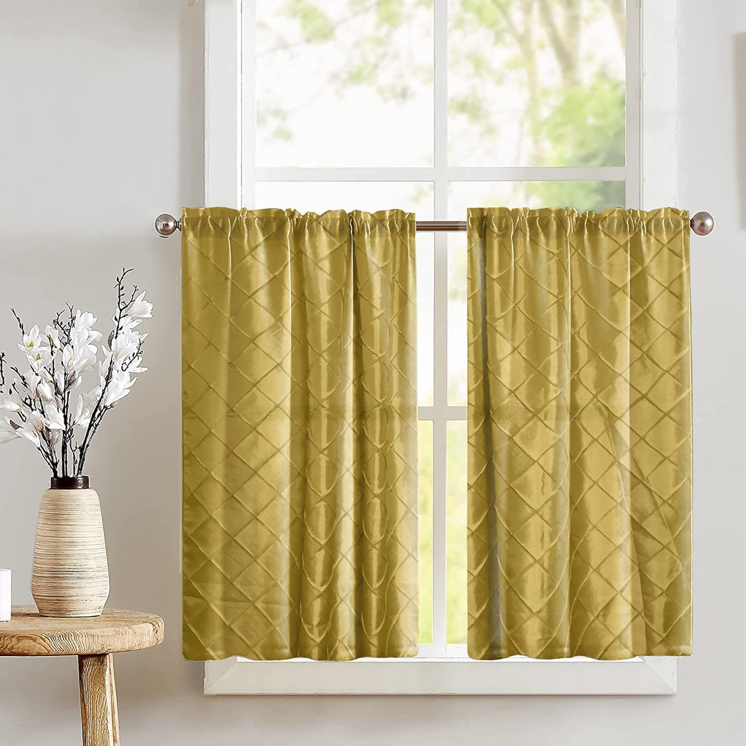Zen Creative Designs Pintuck Taffeta Tier Window Valance 2 Piece Set Home Décor Bedroom Nursery Kitchen Window (Gold)