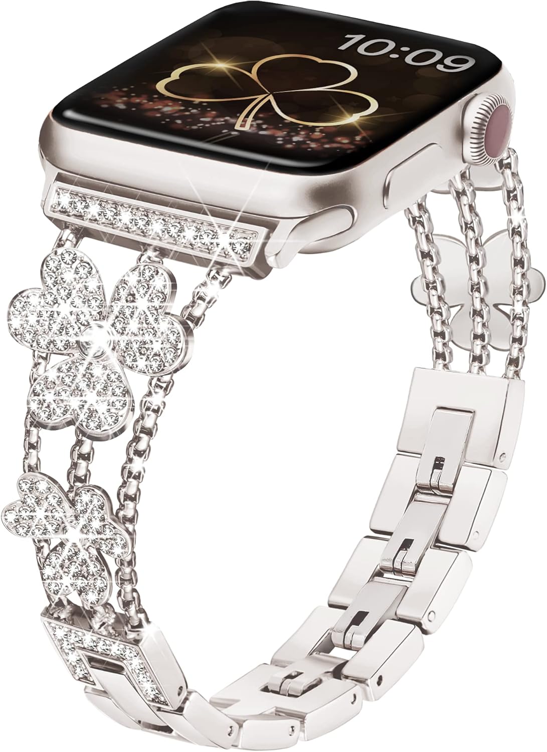 wipalor Clover Bling Band for Apple Watch Bands for Women 46mm 42mm 44mm 45mm 49mm, Easy Adjustable Bracelet, Shiny Diamonds, Jewelry Metal Strap for iWatch Series 10 9 8 7 6 5 4 3 2 1 SE(Starlight)