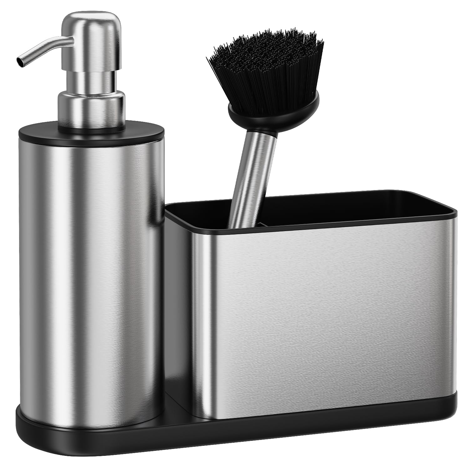 Kitchen Soap Dispenser Set - 3 in 1, Stainless Steel Dish Soap Dispenser with Sponge Holder, Dish Brush & Brush Holder, Kitchen Sink Caddy Organizer for Countertop - Rustproof, Non-Slip