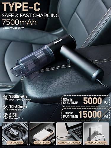 Miniatura 6 de aokway Aspiradora de Coche Portátil Inalámbrica 15000PA de Potente Succión, 7500mAh, 4-en-1, Mini Aspiradora de Alta Potencia para Coche, Hogar, PC,