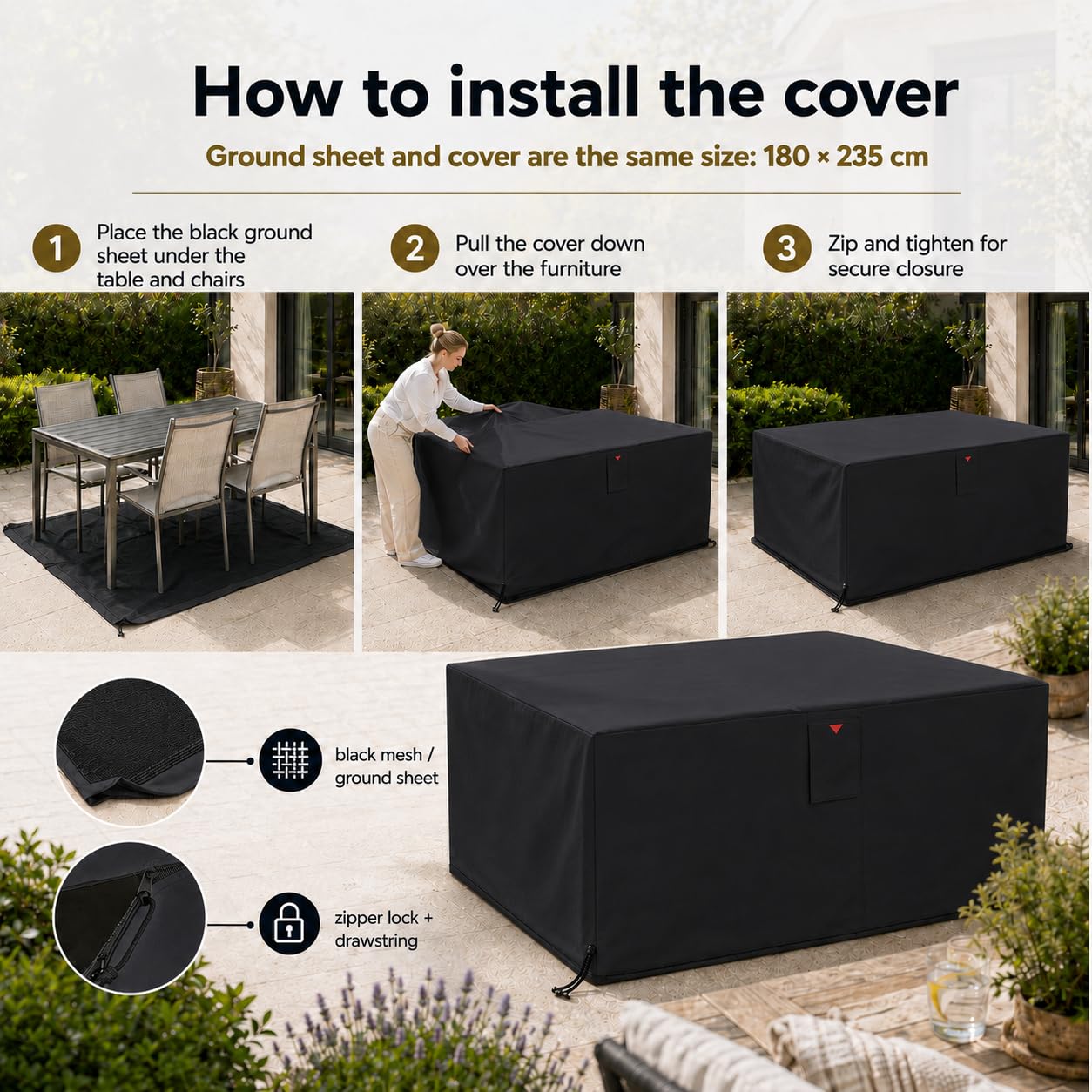 HOME It Garden Housse salon de jardin 235×180×95 cm - Oxford 600D enduit PVC, imperméable, protection UV, 2 aérations, fermeture éclair & cordon, noir