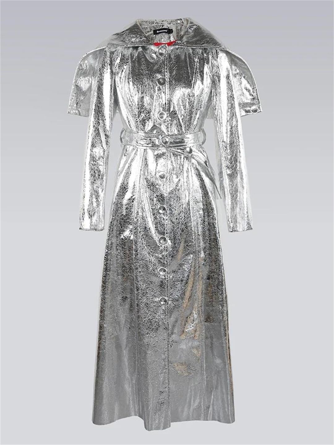 Women Autumn Vintage Maxi Silver Shiny Patent Faux Leather Coat Hooded Slim Fit Pockets Jacket