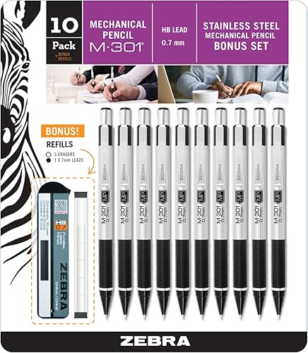 Zebra Pen M-301 - Lápiz mecánico de acero inoxidable, barril de metal premium, punta media, 0.028in, agarre negro, paquete de 10 unidades más plomo