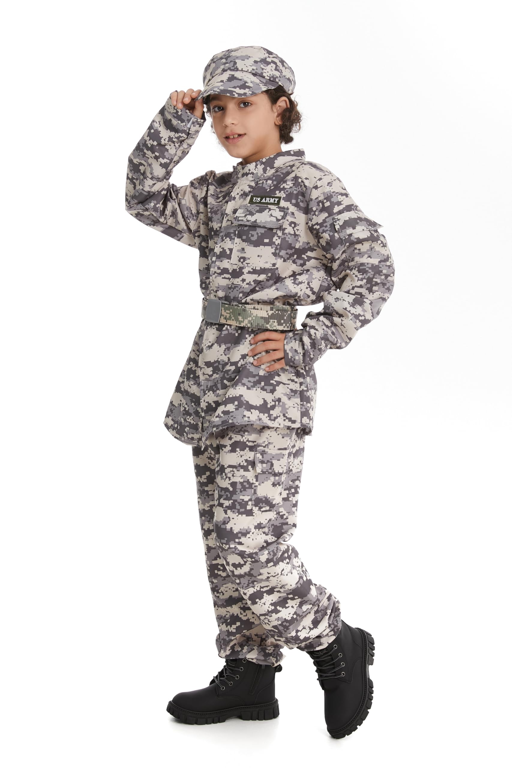 DELIVESS Kid Army Costume Deluxe Camo Soldier Costume Military Tactical Combat Uniform Set 4 Pcs (Grey Green, 4-6Y) - Image 4