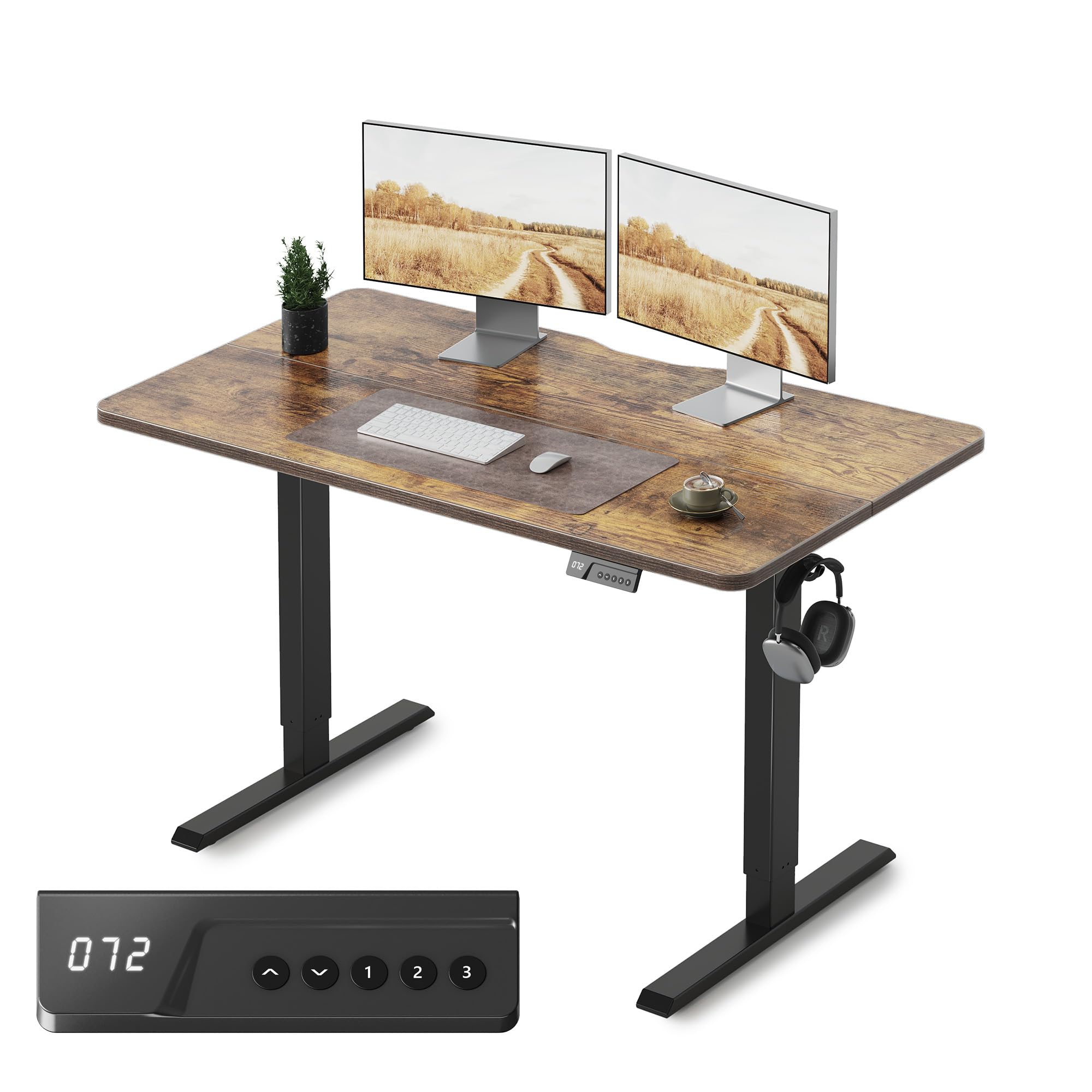 FEZIBO Electric Height Adjustable Standing Desk with digital display control panel, 60x120cm Ergonomic Home Office Table for sit stand with Splice Board & Black Rustic Wood Grain Surface — image 1