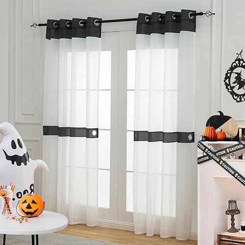 Miniatura 2 de L.Z.E - Cortinas transparentes blancas y negras de 63 pulgadas de largo, 2 paneles para sala de estar, cortinas elegantes y modernas transparentes
