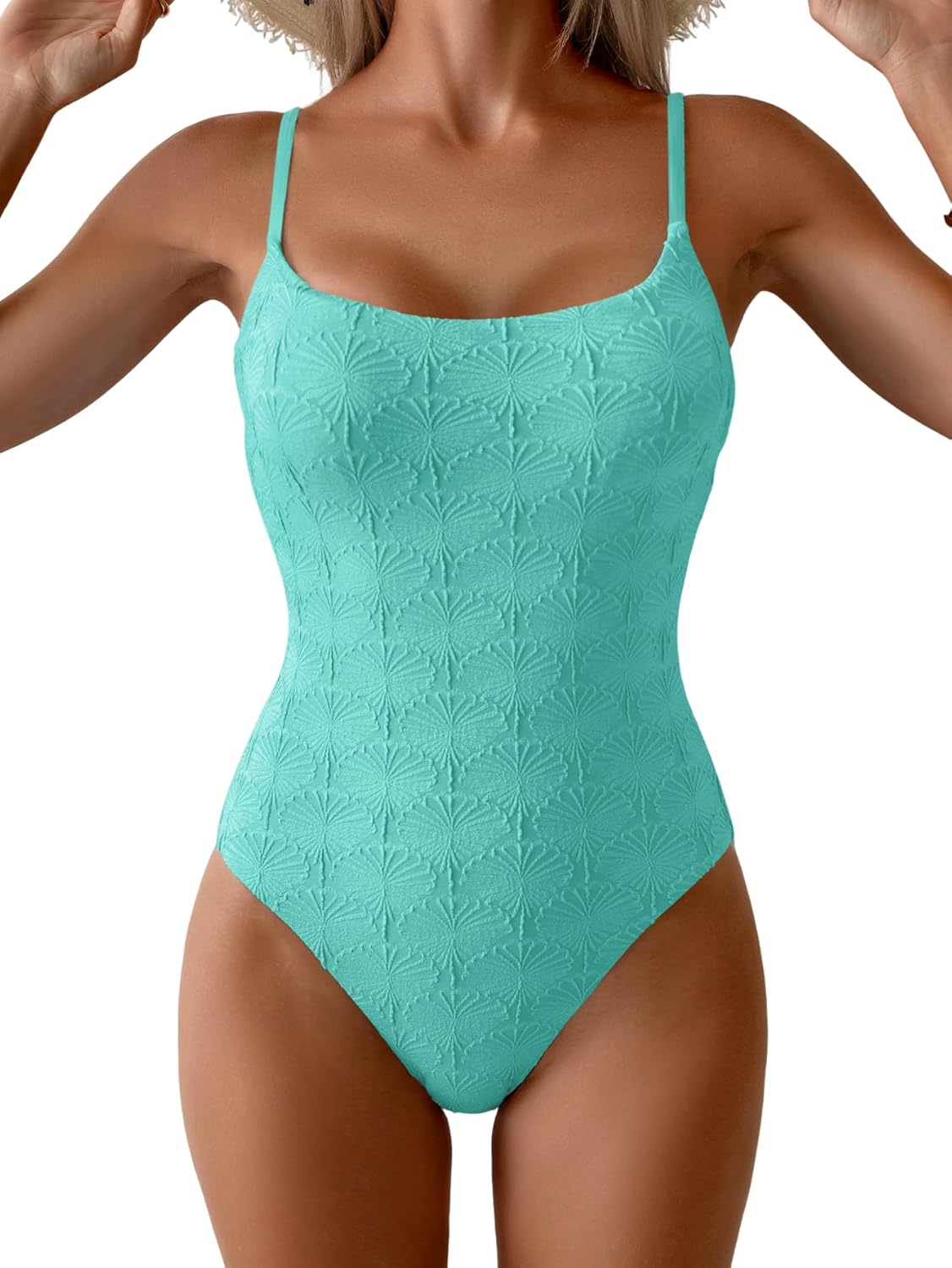 Women's Classic Textured Floral One Piece Swimsuit Square Neck Tummy Control Bathing Suit with Adjustable Straps