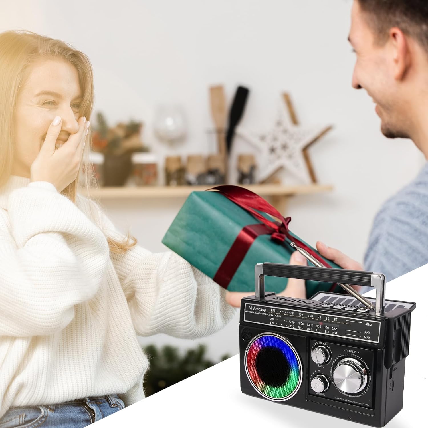 Radios Portable AM FM, Retro Portable Radio with Bluetooth Speaker and Flashlight, Strong Reception with Colorful Mood Lights, TF Card, Solar/Battery/AC Rechargeable for Gift,Elder,Home,Black