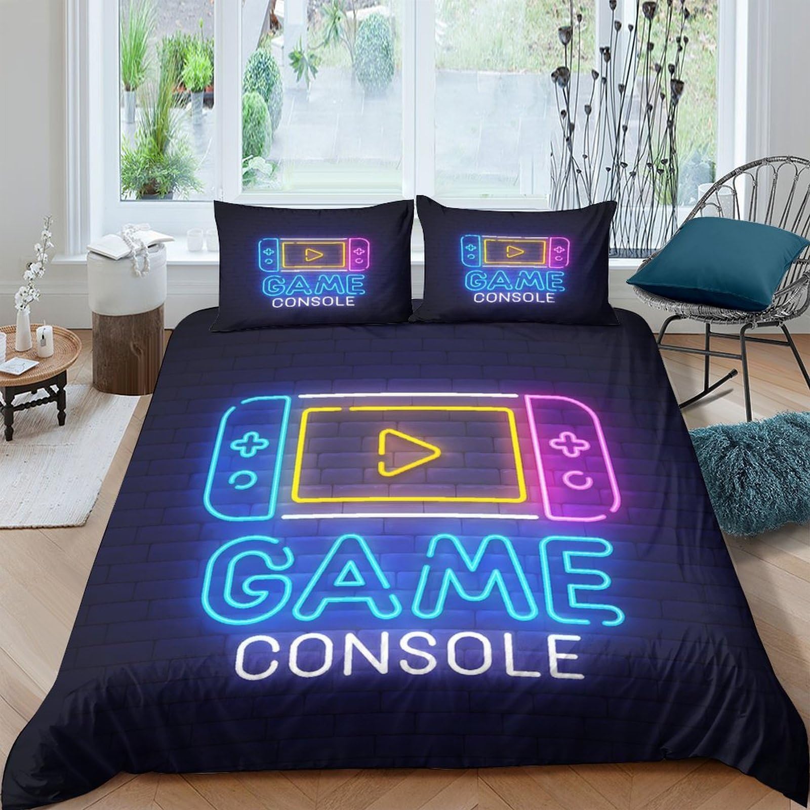 GPLZQXKJNH 3D Printed Neon Game Console Duvet Cover Microfiber Soft Bedding Set with 2 Pillowcases for Bedroom Decor Single（135x200cm）