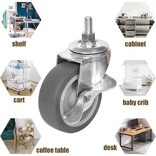 Miniatura 5 de AAGUT Ruedas de alta resistencia TPR de 3 pulgadas, ruedas de vástago roscado de 38 pulgadas, 16 x 1, reemplazo giratorio de bloqueo para muebles,