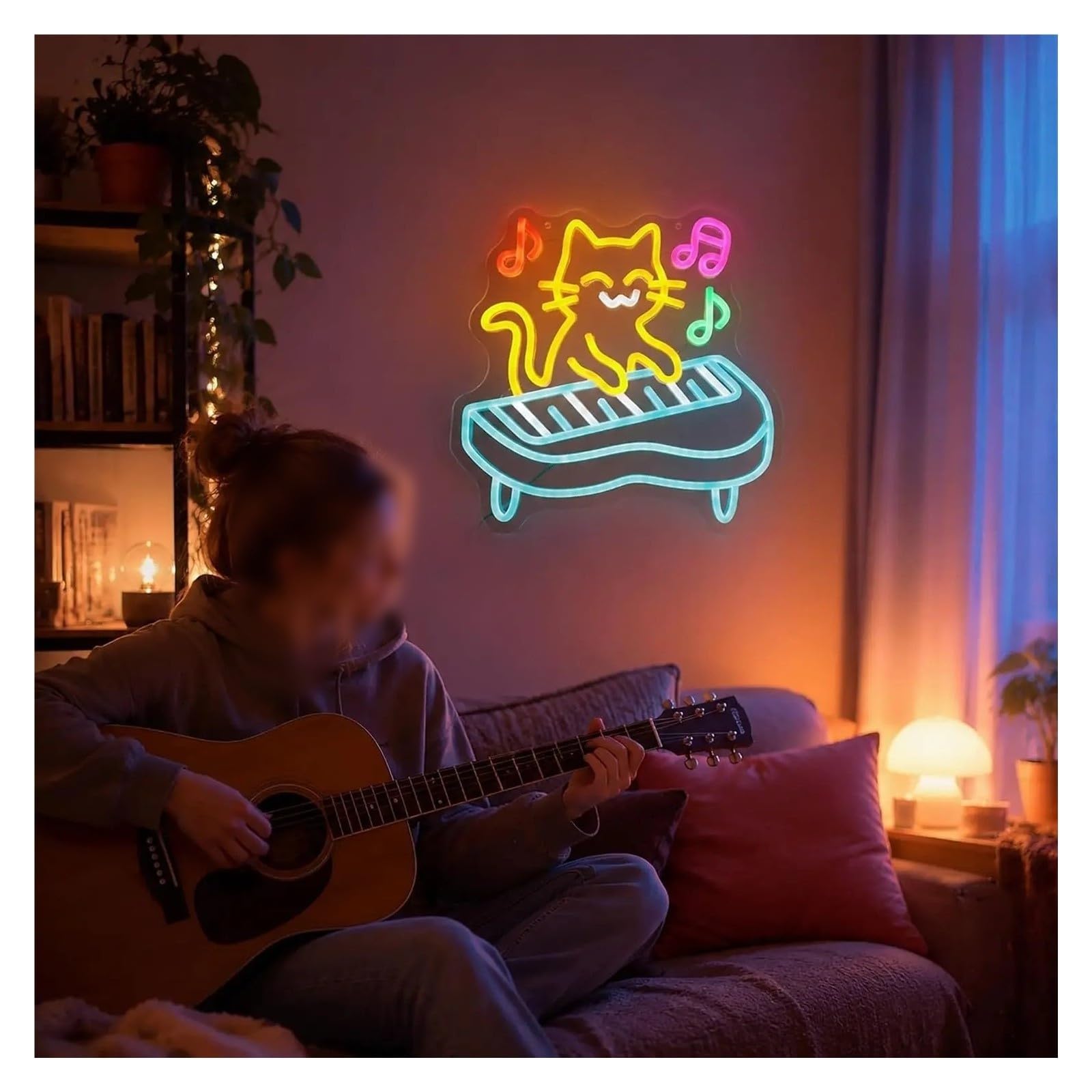 Decoración Lámparas Letrero De Neón LED Para Tocar El Piano Gato