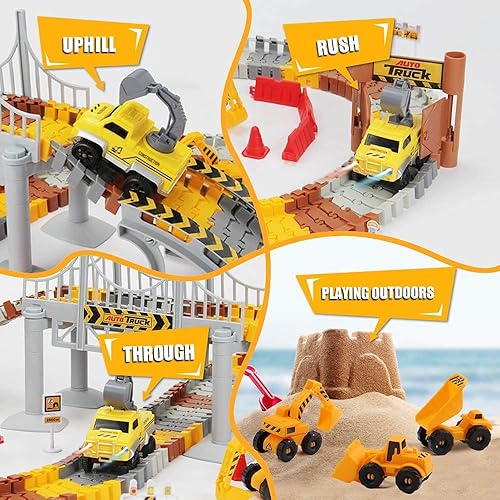 Miniatura 4 de Juego de pistas de carreras de construcción, pistas de tren flexibles con 2 vehículos eléctricos de carreras de construcción con luces, juguetes de