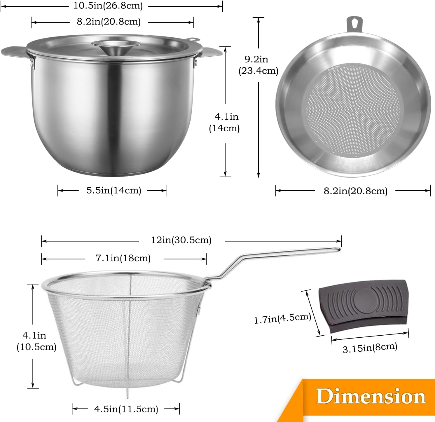 Deep Fryer Pot with Basket Lid and Strainer Stainless Steel Stove Top Fryer Versatile Oil Filter Pot with Handle Jumbo Bacon Grease Saver Container oil drippings lard ghee oil 1 Gall / 4Qt / 3.8 Lt
