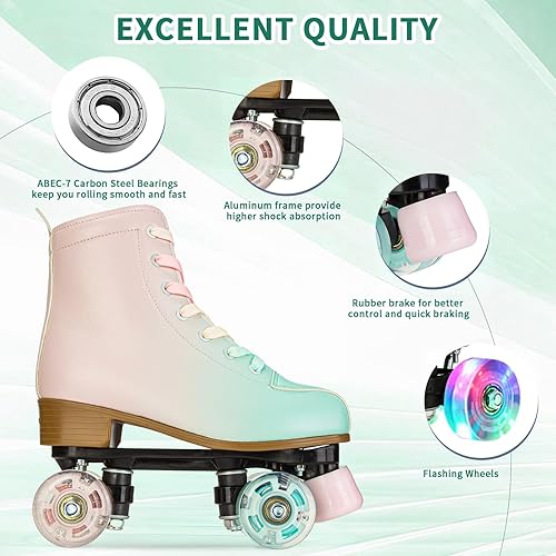 Miniatura 6 de SilverTree Patines de ruedas para mujeres y niñas, de piel sintética, para adultos, ruedas Derby con luz, cuatro ruedas brillantes