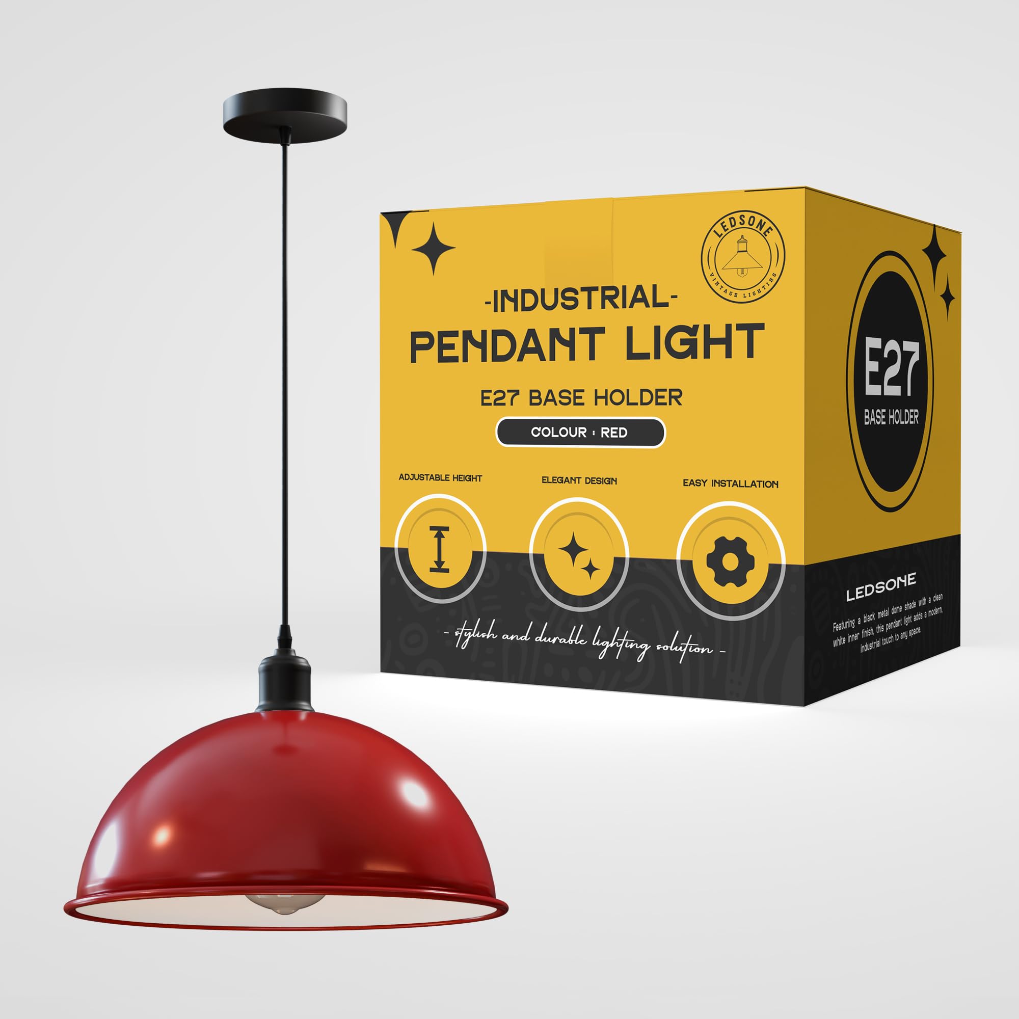 LEDSone E27 Ceiling Pendant Light Fixtures 40cm Metal Red Dome Shades Retro Industrial Hanging Lamp for Living Room Bedroom Kitchen Restaurant Loft Coffee Bar