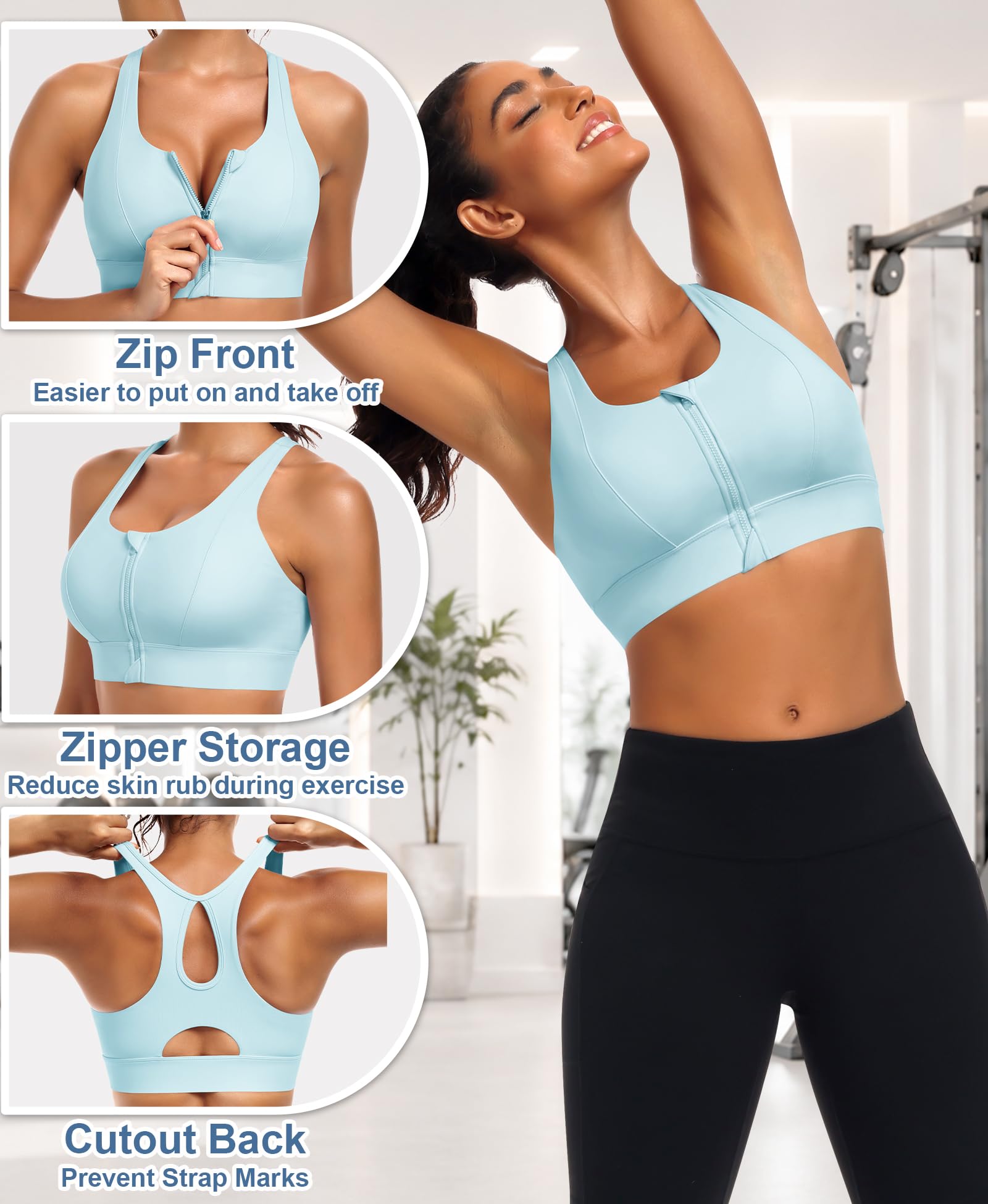 JoyGirl Reggiseno sportivo da donna con zip frontale, ad alto impatto, ammortizzatore, supporto post chirurgico, reggiseno senza fili, reggiseno da palestra per allenamento fitness